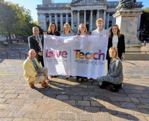 Raising the Love to Teach flag outside Portsmouth Civic Offices